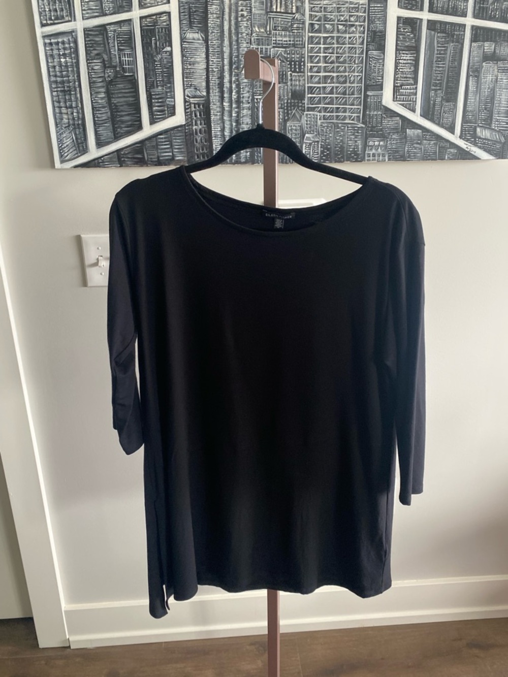 EILEEN FISHER Women's Bateau Neck Asymmetrical Jersey Tunic Top Black Small